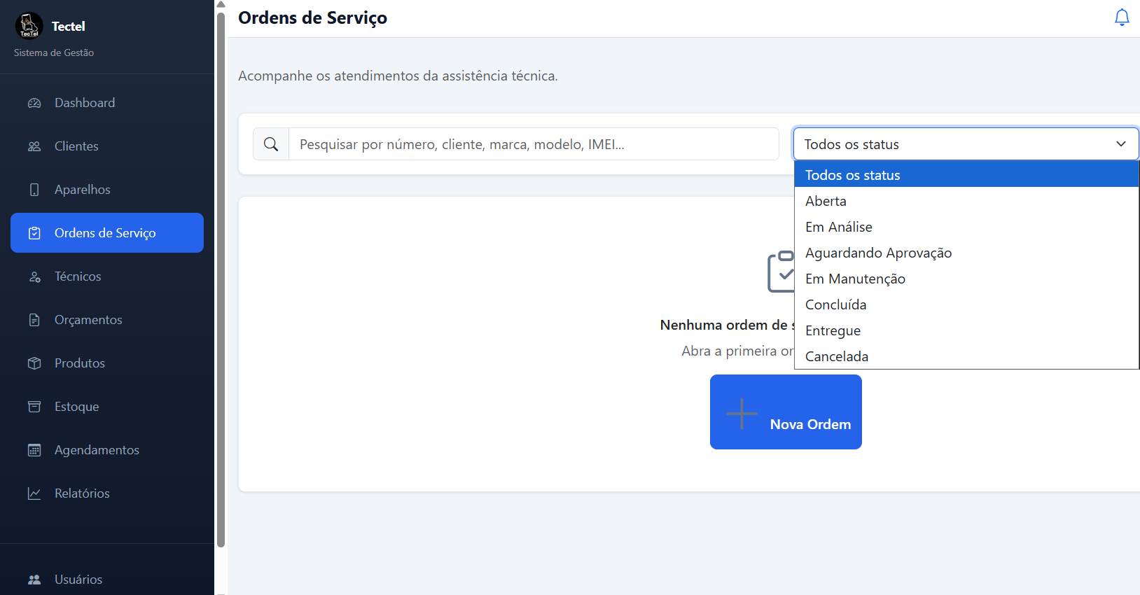 Tela real de ordens de serviço do sistema de gestão da Tectel Celulares, sem o e-mail da interface